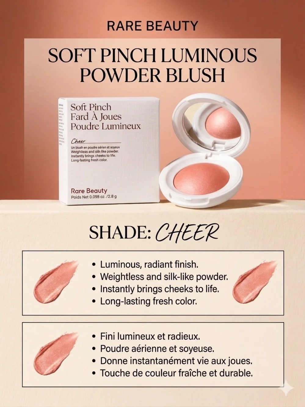 Rare Beauty Soft Pinch Luminous Powder Blush - Shade: Cheer 0.098 oz / 2.8 g